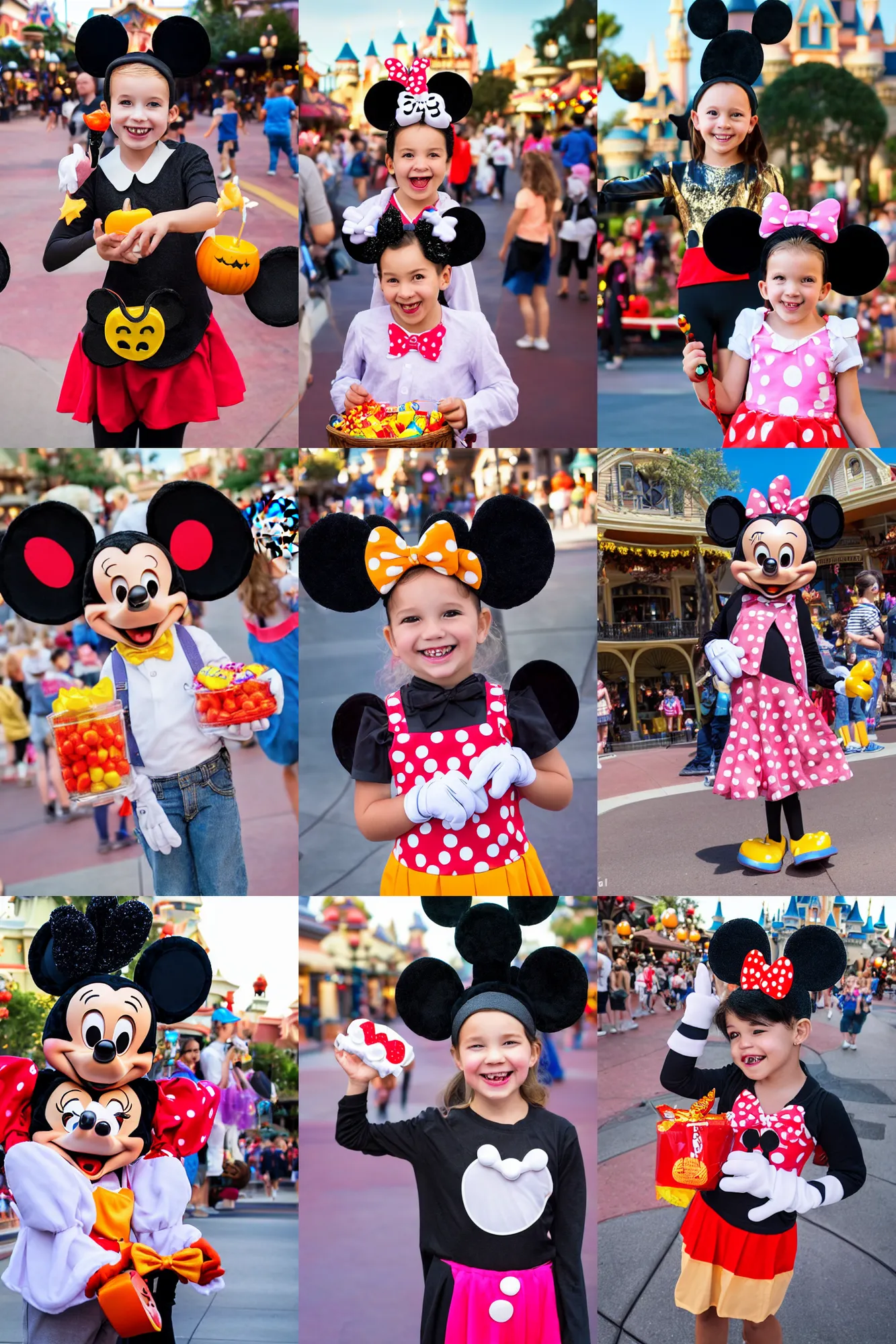 Prompt: adorable child with mickey mouse ears trick - or - treats on main street usa, disneyland california