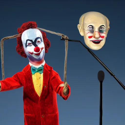 Image similar to string marionette of a president with clown makeup in a podium and a human shadow behind