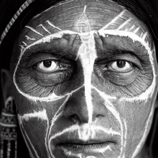 Prompt: full figure of a hopi shaman, 4 6 yo, annoyed look, skin pores, scars, skin condition, straight hair, in the night, flash light, sigma 8 5 mm, hdr, nikon 2 8 mm f / 1. 8 g, by sebastiao salgado