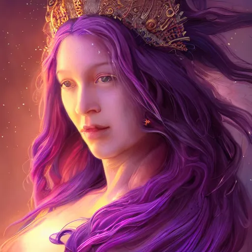 Image similar to epic portrait an nebulae goddess with flowing purple long hair and glowing purple eyes, sweaty skin, beautiful face, digital painting, artstation, concept art, soft light, hdri, smooth, sharp focus, illustration, fantasy, intricate, elegant, highly detailed, D&D, matte painting, in the style of Greg Rutkowski and Alphonse Mucha and artemisia, 8k, highly detailed, jurgens, rutkowski, bouguereau, pastoral, rustic, georgic, detailed concept art, illustration, colorful pastel, painting, detail, ultra detailed, digital art, 4K,