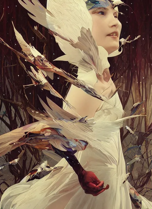 Image similar to portrait of snow white, birds, white spike aura in motion, floating pieces, painted art by tsuyoshi nagano, greg rutkowski, artgerm, alphonse mucha, spike painting