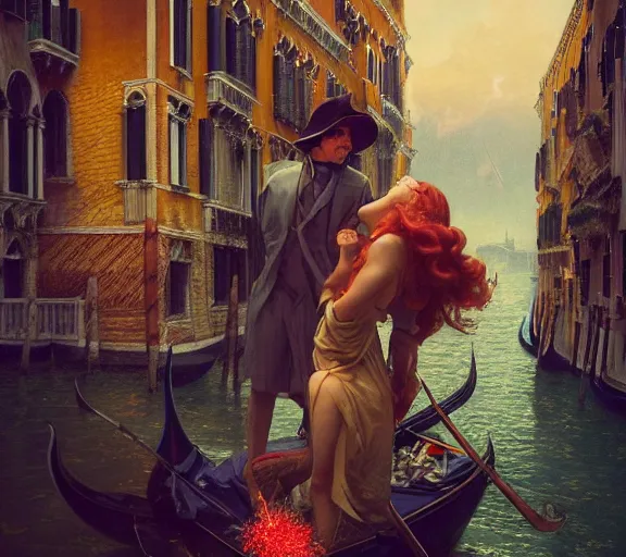 Image similar to photography of a couple in venice with fireworks, deep focus, intricate, elegant, highly detailed, digital painting, artstation, concept art, matte, sharp focus, illustration, art by artgerm and greg rutkowski and alphonse mucha and gil elvgren