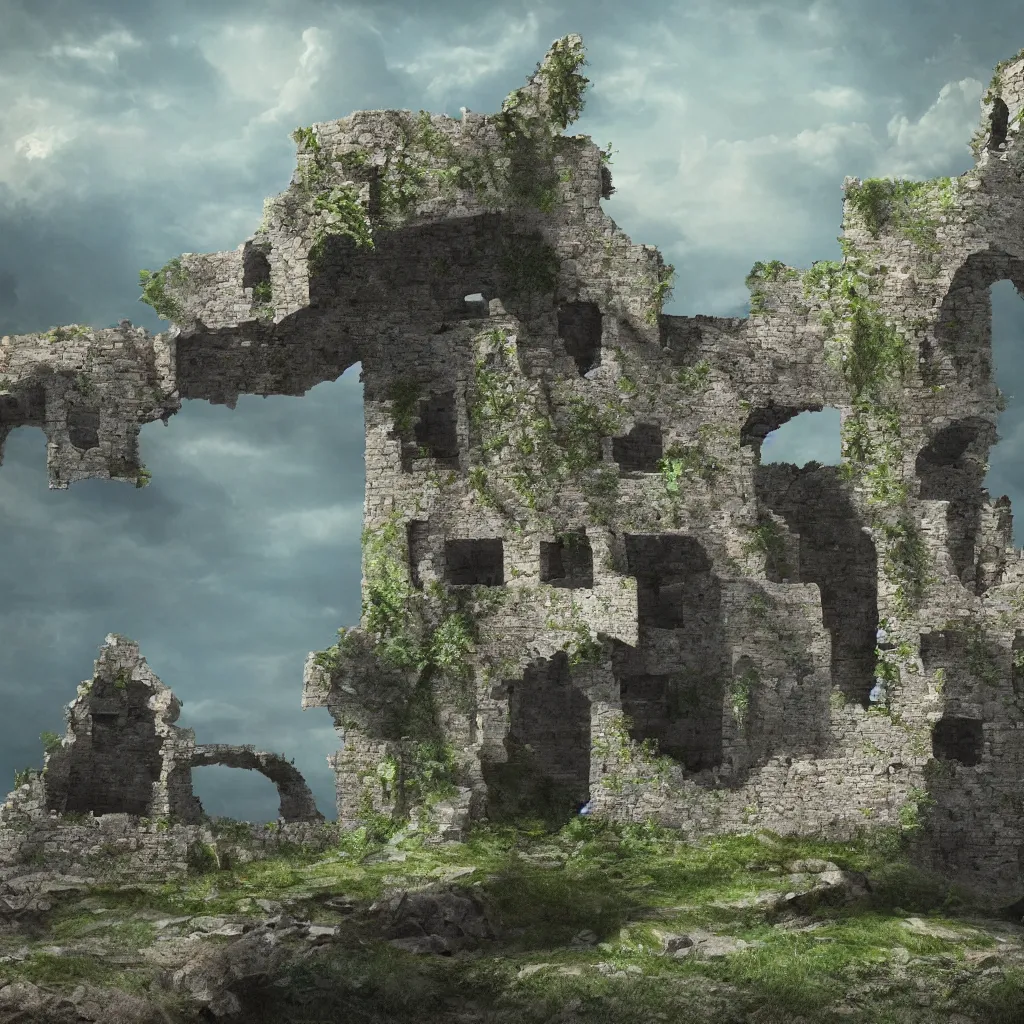 Image similar to looking up at a ruined castle on a small island only reachable by a small land bridge, 8 k, ultra realistic cinematic, intricate, cinematic light, concept art, illustration, art station