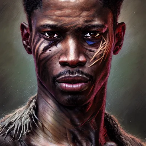 Image similar to portrait painting of a scarred african american man with cropped hair wearing a tattered and feathered coat, ultra realistic, concept art, intricate details, eerie, highly detailed, photorealistic, octane render, 8 k, unreal engine. art by artgerm and greg rutkowski and charlie bowater and magali villeneuve and alphonse mucha