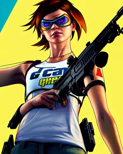 Image similar to gta 5, grand theft auto 5 cover art of tracer from overwatch