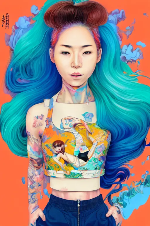 Image similar to a award winning half body portrait of a beautiful woman in a croptop and cargo pants with ombre orange blue teal hairstyle with head in motion and hair flying by yoshii chie and hikari shimoda and martine johanna and will eisner, outrun, vaporware, digital art, trending on artstation, highly detailed, fine detail, intricate