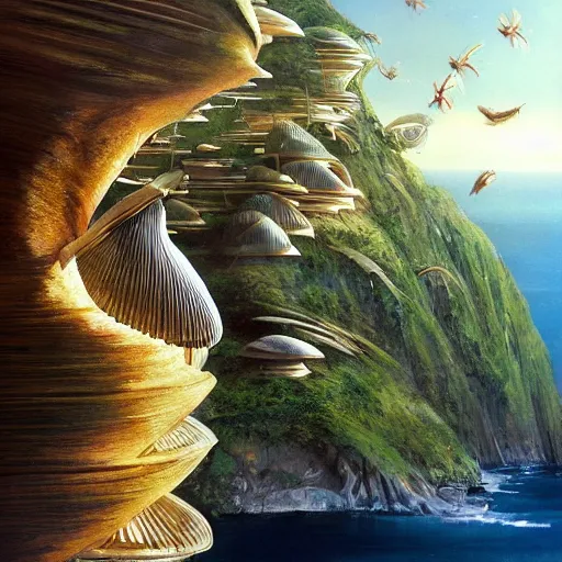 Image similar to beautiful portrait of bamboo living pods shaped like a sea shell embedded on the side of a cliff, windows, the time machine, spaceship by john berkey, panoramic view, ssci - fi, futuristic valley, hd wallpaer, art by artgerm, artwork by peter gric and brian froud and esao andrews