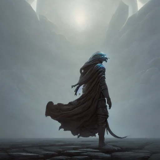 Image similar to stone humanoid colossus by grzegorz rutkowski and richard wright and peter mohrbacher, atmospheric haze, stormy, tundra, woman in cloak in foreground silhouette, large scale