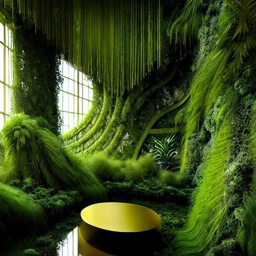 Image similar to a dream about opulent, abandoned overgrown futuristic base on Mars designed by Zaha Hadid, lush plants growing through the glossy floors and walls, walls are covered with moss and vines, beautiful, dusty, golden volumetric light shines through, golden rays fill the space with warmth, rich with epic details, dreamy atmosphere and drama