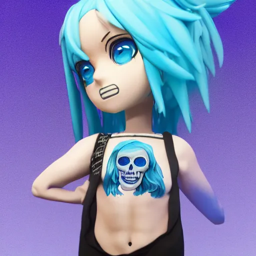 Image similar to a digital painting of a girl with blue hair and a skull on her shirt, lyco art, chibi, by antonio mello, 3 d nft, nendoroid 3 d, cyberpunk artm, cgsociety, sketchfab, seapunk, anime aesthetic, rendered in maya