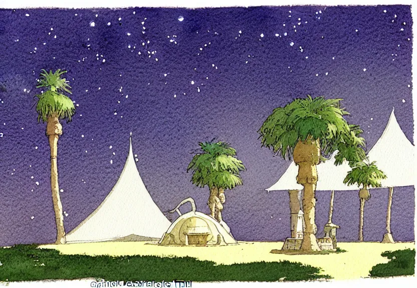 Image similar to a simple watercolor fantasy concept art of a dark grey boxy ufo next to a palm tree at night with white pyramids in the background. by studio ghibli, rebecca guay, michael kaluta, charles vess