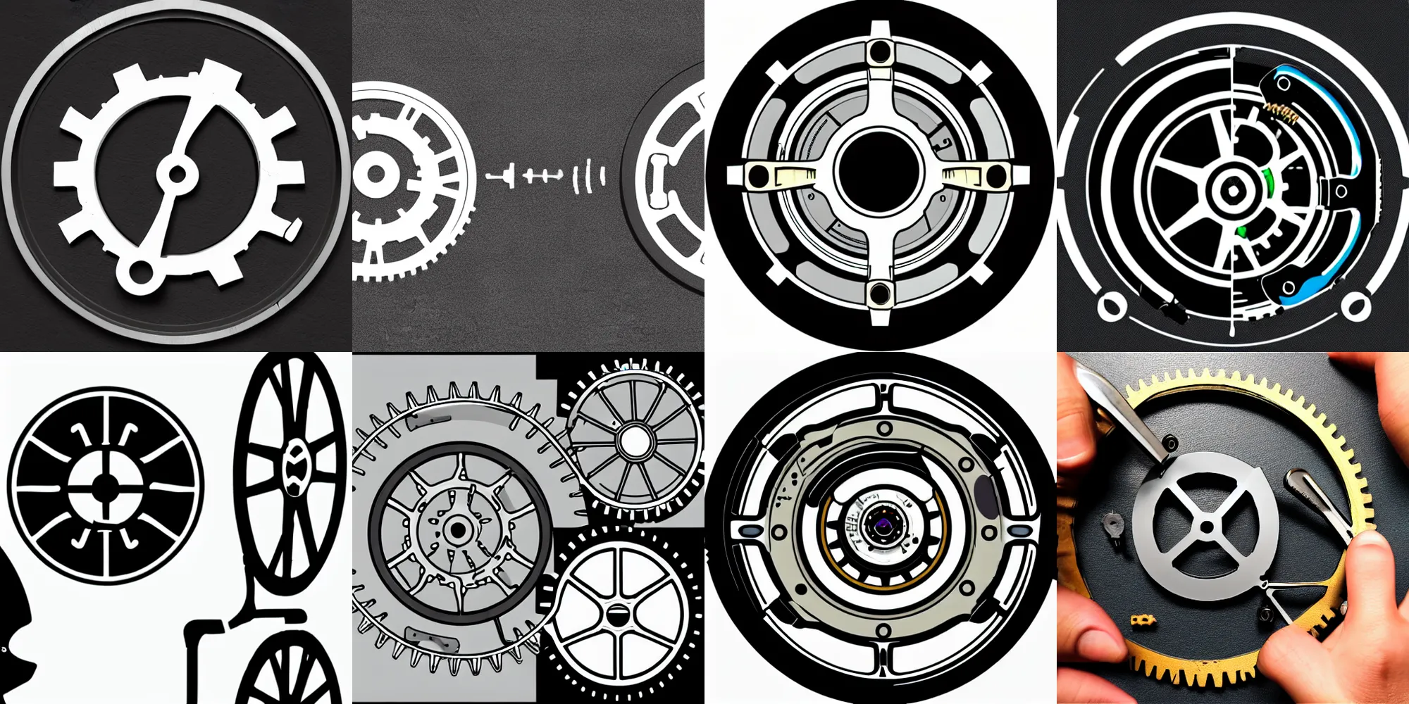 Prompt: A smarthpone where the left half is broken and the right half is repaired, depicted next to a cog wheel and a wrench, black logo art