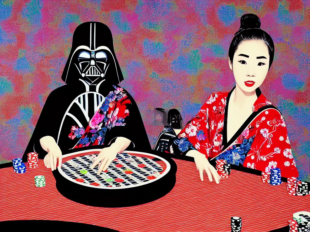 Image similar to hyperrealistim composition of the detailed single woman in a japanese kimono sitting at a extremely detailed poker table with darth vader, fireworks, river on the background, pop - art style, jacky tsai style, andy warhol style, acrylic on canvas