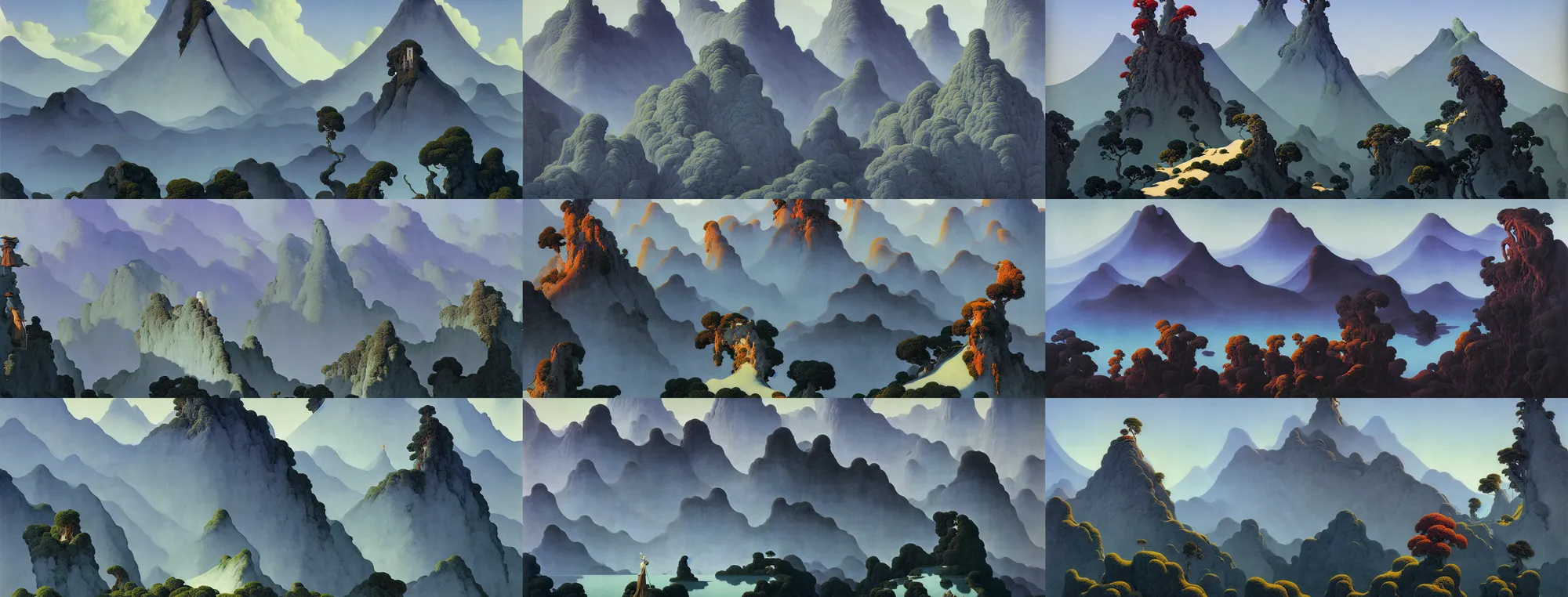 Image similar to a gorgeous landscape painting by barlowe wayne maxfield parrish and marco mazzoni. tea mountain in china. grey blue. ultra clear detailed. 3 d, octane render. turbulent blood lake. 8 k