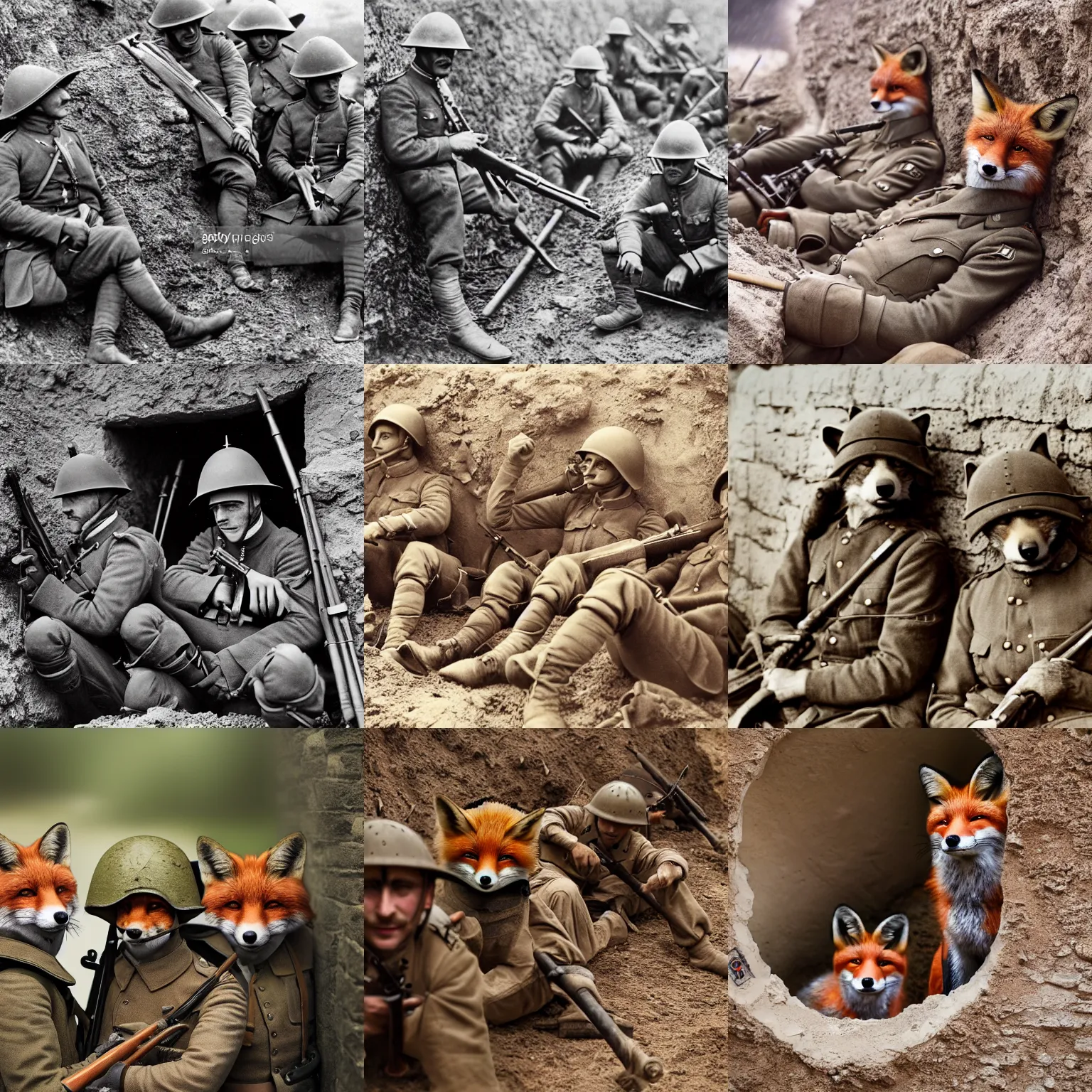 Prompt: anthropomorpic Fox soldiers in a trench relaxing between battles in the style of WW1 photos in color detailed realistic High Resolution HD 8k