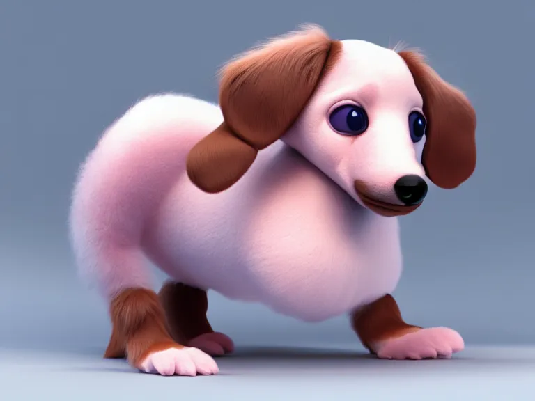 Image similar to high quality 3 d render hyperrealist very cute multipastel very fluffy smooth dachshund plush mascot, vray, smooth in the background, artstation, ultra detailed, octane render