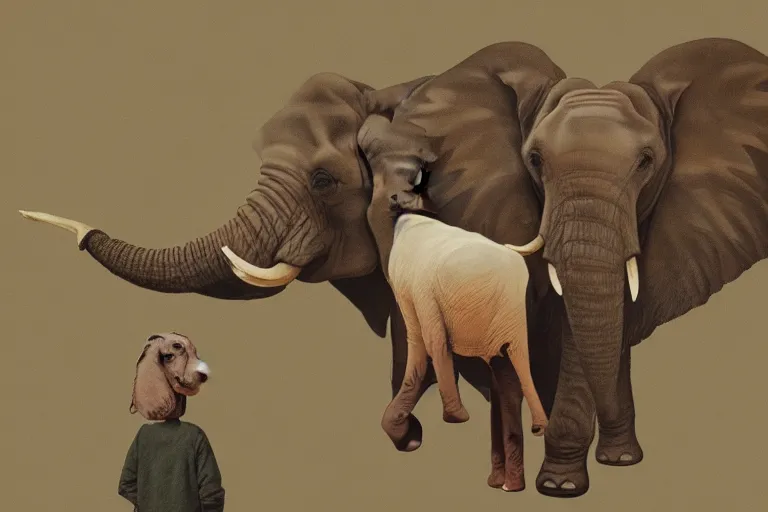 Image similar to Beautiful painting of an elephant sitting on the back of a flying hen by wes anderson, trending on artstation , 8k