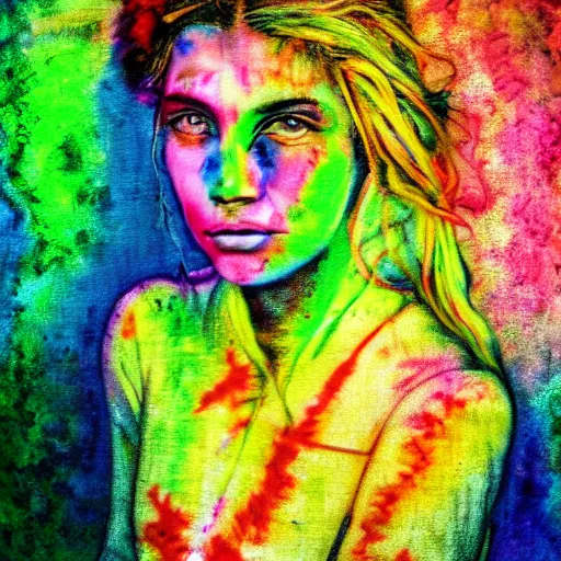 Prompt: a painting of a hippy woman in tie-dye at woodstock, natural colours, character photography, Exquisite detail, post-processing, masterpiece, by Eva Widermann