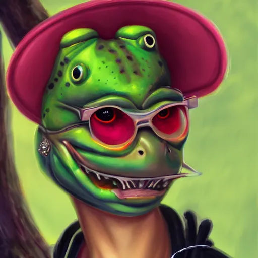 Prompt: Beautiful portrait digital painting, oil painting, anthro anthropomorphic frog androgynous , at a lake anarchist anarcho-punk Punk Punk outfit. furaffinity, artstation