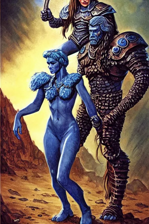 Image similar to a small blue-skinned triton girl wearing scale armor riding on a the shoulders of a large male goliath wearing fur and leather armor, dnd concept art, painting by Clyde Caldwell