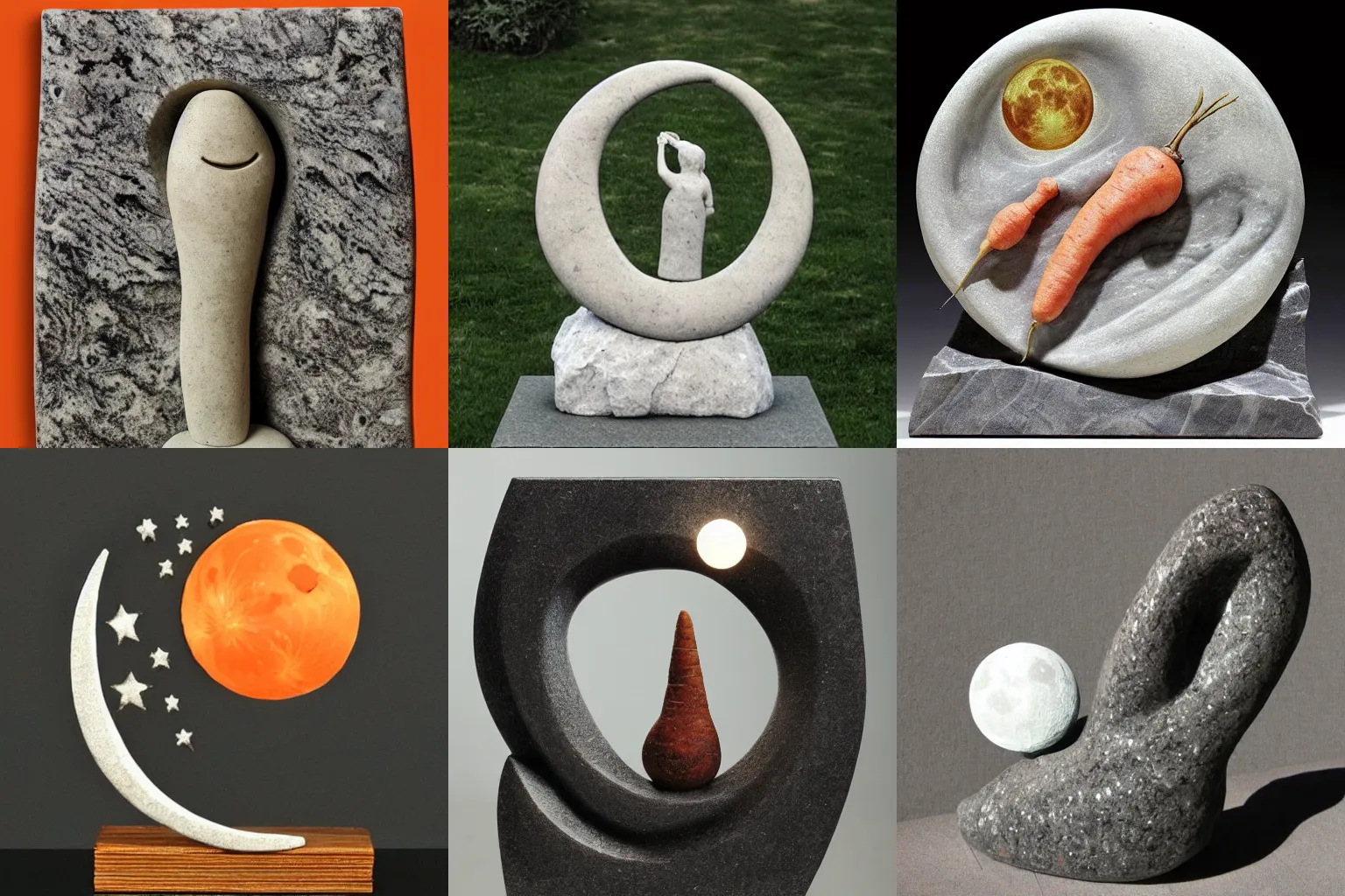 Prompt: a beautiful granite sculpture, depicting a carrot and the moon
