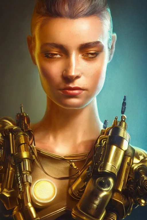 Image similar to Kodak Portra 400, 8K, soft light, volumetric lighting, highly detailed, britt marling style 3/4 ,portrait photo of a beautiful cyborg woman with gold , cyberpunk,sci-fi, fantasy, intricate, elegant, highly detailed, digital painting, artstation, concept art, smooth, sharp focus, illustration, art by artgerm and greg rutkowski and alphonse mucha