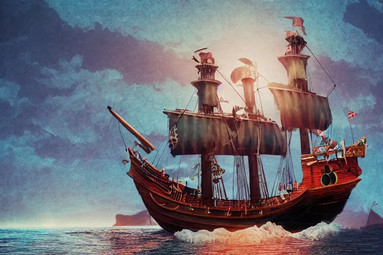 Image similar to epic pirate ship, in the style of vernon grant and chris van allsburg, trending on artstation, bright tilt - shift camcorder effect, photoshop, retrowave, hyperrealism, bauhaus