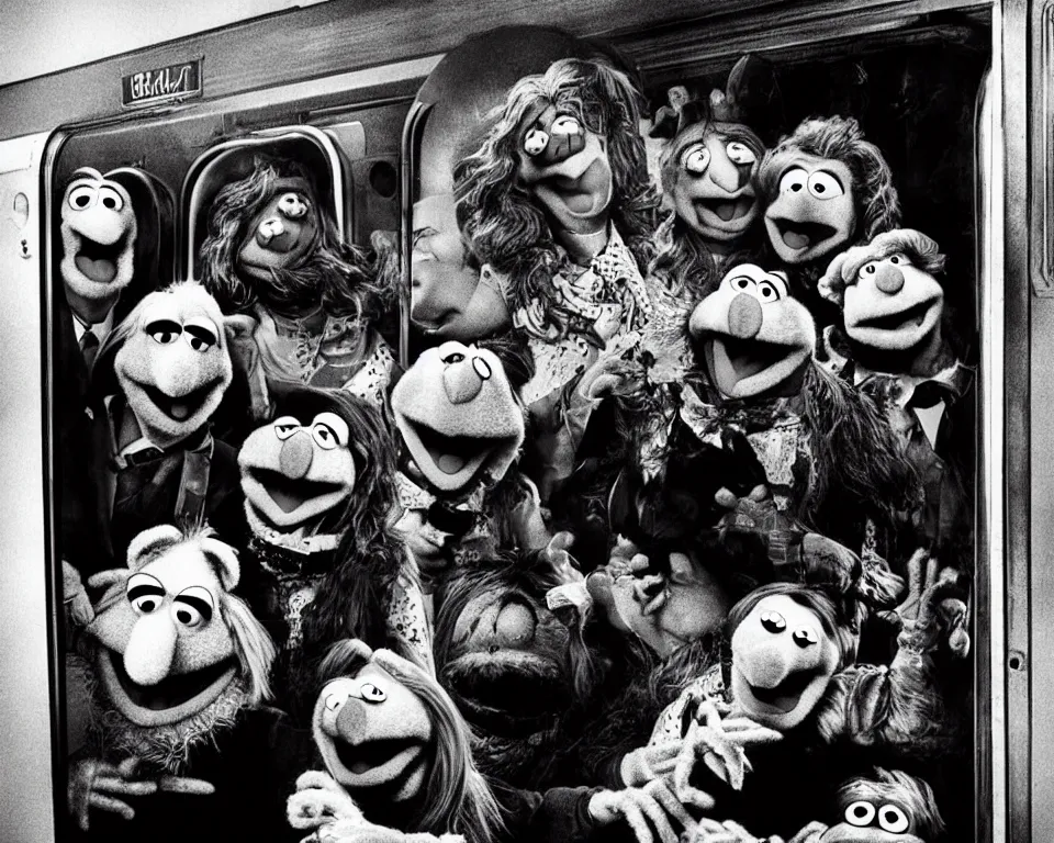 Prompt: a horror movie poster featuring muppets hijacking a train