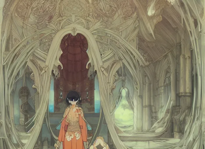 Image similar to pagan building, anime, studio ghibli, concept art, mucha, unreal engine, peter mohrbacher, makoto shinkai, 8 k, art nouveau, castle, japanese mythology, elegant