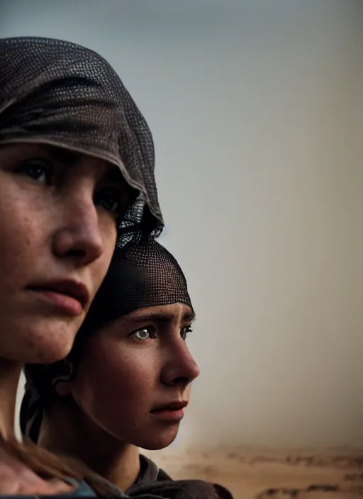 Image similar to cinestill 5 0 d candid photographic portrait by steve mccurry of two loving female androids wearing rugged black mesh techwear on a desolate plain, extreme closeup, modern cyberpunk, dust storm, 8 k, hd, high resolution, 3 5 mm, f / 3 2, ultra realistic faces, ex machina