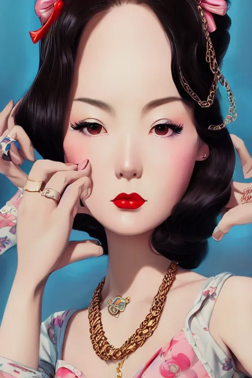 Prompt: a vintage pin up and beautiful fashion dreamlke japan girl with lv jewelry, character art, art by artgerm and wlop and and ilya kuvshinov, hyperdetailed, 8 k realistic, symmetrical,, frostbite 3 engine, cryengine, dof, trending on artstation, digital art, chanel, dior, fantasy background