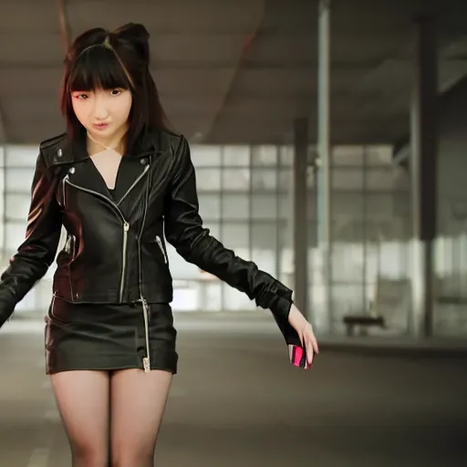 Image similar to a dynamic, epic cinematic 8K HD movie shot of a japanese young J-Pop idol girl wearing leather jacket, miniskirt, nylon tights and high heels boots. Motion, VFX, Inspirational arthouse