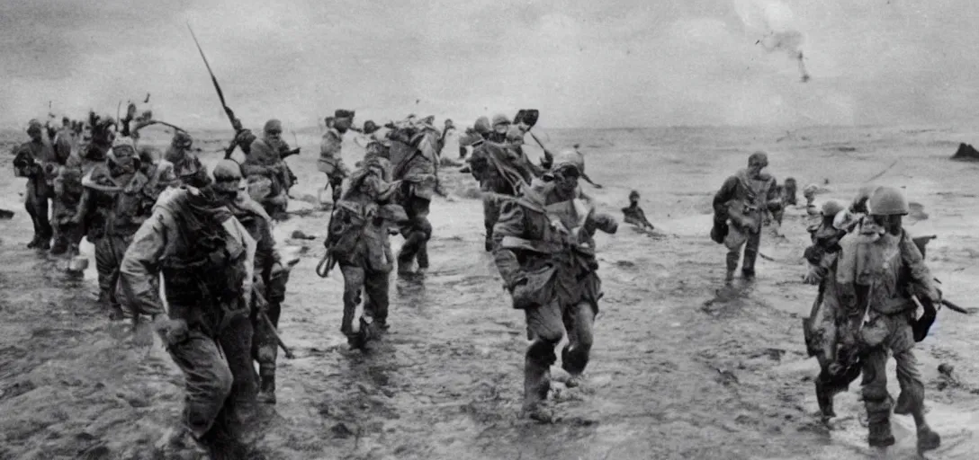 Image similar to the pope storming omaha beach during ww ii