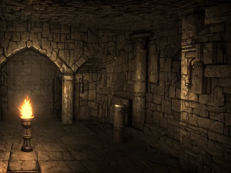 Image similar to delicious torch lit prison dungeon jail cell atmospheric unreal engine hyperreallistic render 8k character concept art masterpiece screenshot from the video game the Elder Scrolls V: Skyrim