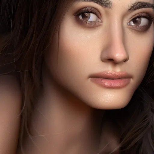 Image similar to tanned face Emmy Rossum, realistic, photo studio, HDR, 8k, trending on artstation