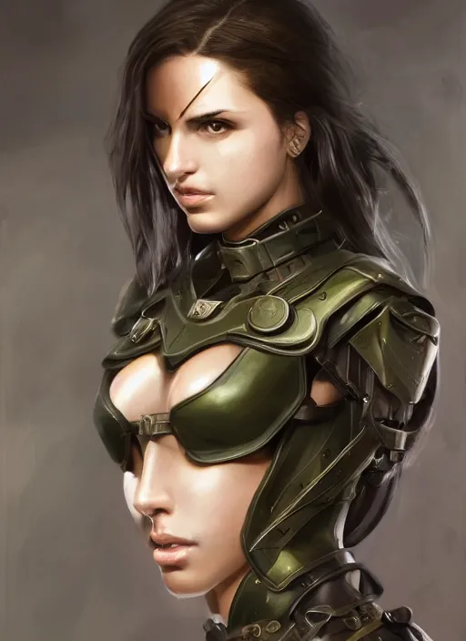 Prompt: a professionally painted portrait of an attractive young girl, partially clothed in battle armor, olive skin, long dark hair, beautiful bone structure, symmetrical facial features, intricate, elegant, heroic pose, digital painting, concept art, smooth, sharp focus, finely detailed, beautifully framed, from Metal Gear, in the style of Artgerm and Greg Rutkowski