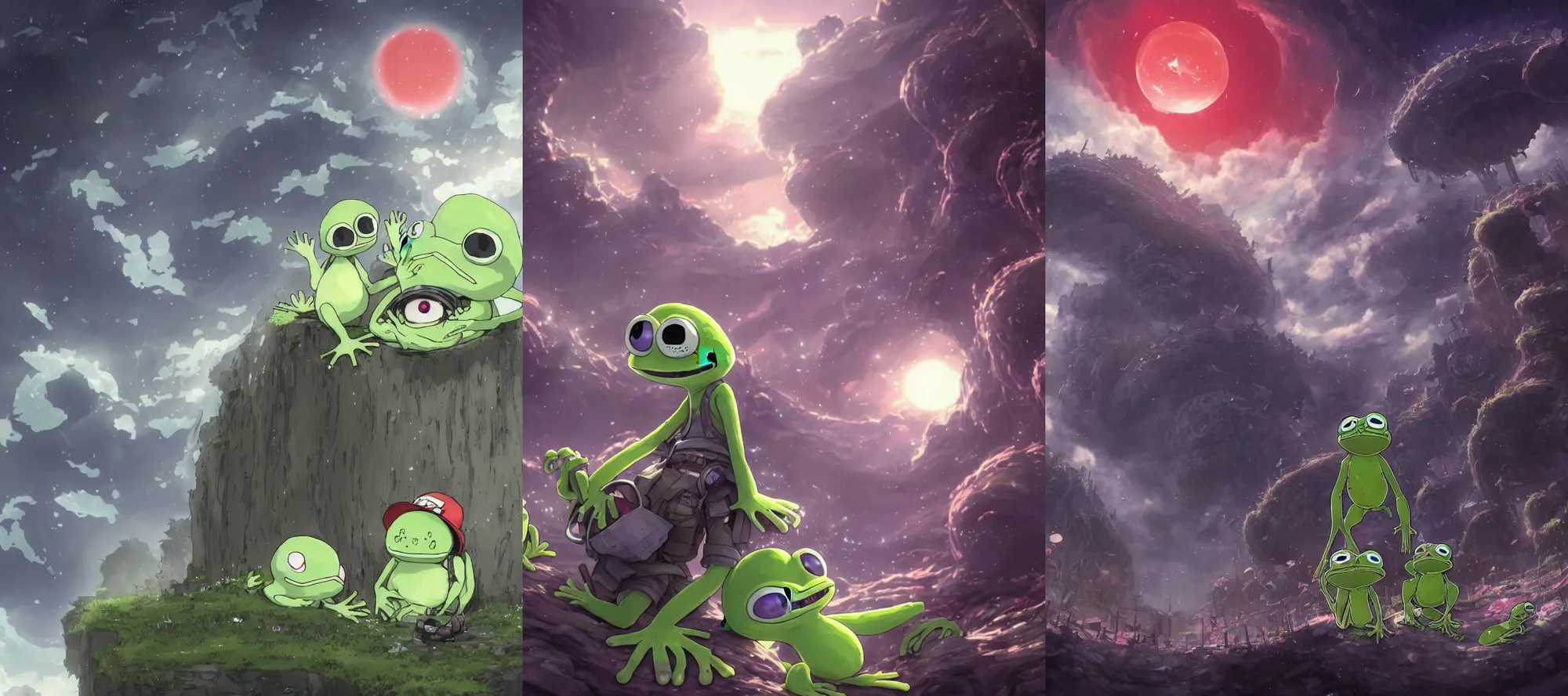 Prompt: resolution 4k worlds of loss and depression made in abyss design Akihito Tsukushi design body pepe the frog group of them attacking a monster war , battlefield darkness military drummer boy pepe , desolated city Akihito Tsukushi concept the sky is filled with red halos over each of their heads ivory dream like storybooks, fractals , pepe the frogs at war, art in the style of and Oleg Vdovenko and Akihito Tsukushi ,Stefan Koidl