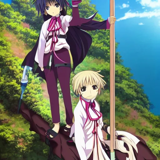 Prompt: Kyaru Momochi with staff stands on a cliff, anime