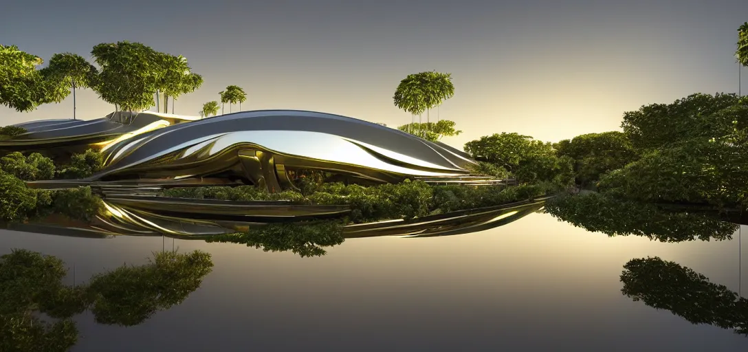 Image similar to futuristic shinny golden mirror building camouflaged in an jungle landscape of a solarpunk world by frank gerhy and oscar niemeyer, shinny golden roads and bridges designed by zaha hadid, movie poster, spiral golden ratio, at dusk lighting, evening lighting, reflections, film still, hyper realistic, octane render redshift arnold materials unreal engine, 8 k post production, hyper detailed