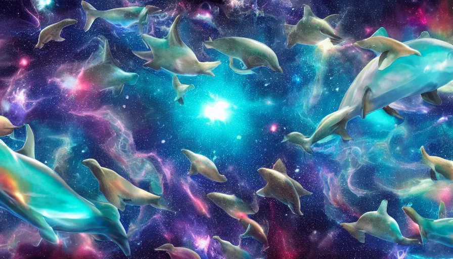 Prompt: a group of cosmic dolphins swimming and jumping out of a ocean of the cosmos, epic composition, 4 k