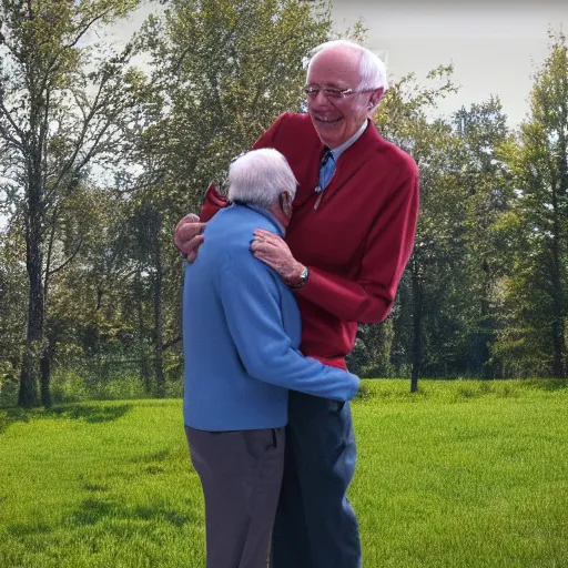 Prompt: bernie sanders hugging mr. rogers in a meadow