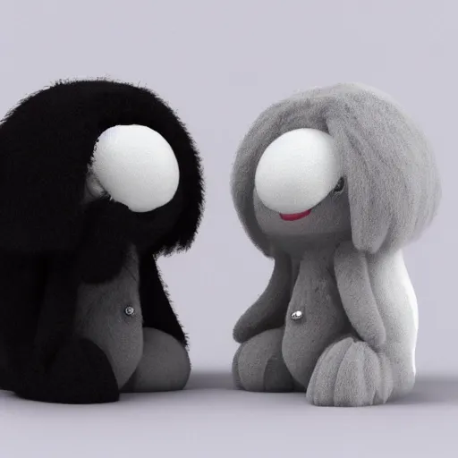 Image similar to cute fumo plush from a dark cave with photoluminescent hair, black and white, vray