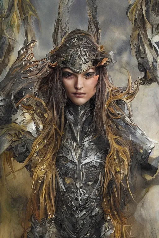 Image similar to female elven hunter armor made of yellow leaves, fantasy, amber eyes, face, long hair, intricate, elegant, highly detailed, digital painting, artstation, concept art, smooth, sharp focus, illustration, art by artgerm and greg rutkowski and alphonse mucha