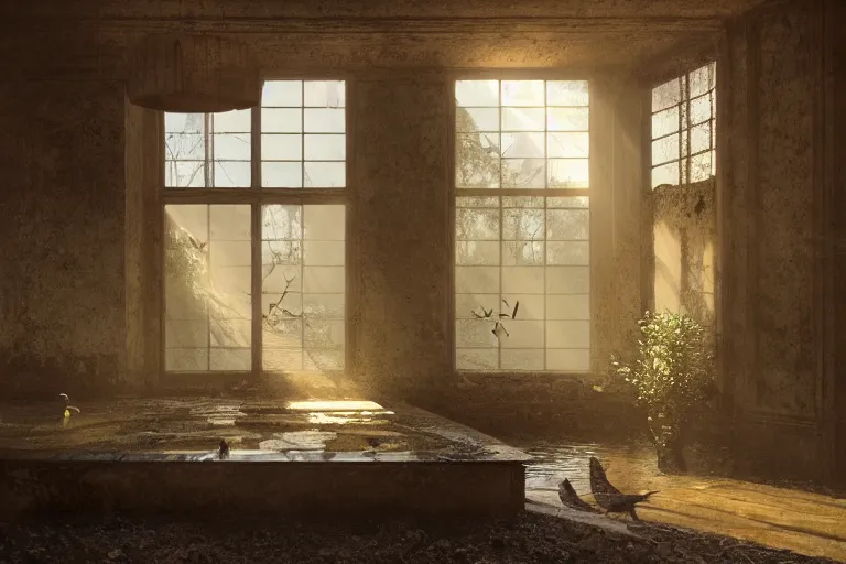 Image similar to the interior of an old abandoned house, a small pond in the center of the house. koi fish swim in the pond. golden rays of sunlight enter through the window., digital art, trending on artstation, matte painting, concept art, drawn by greg rutkowski, inspired by johannes vermeer, cold colors