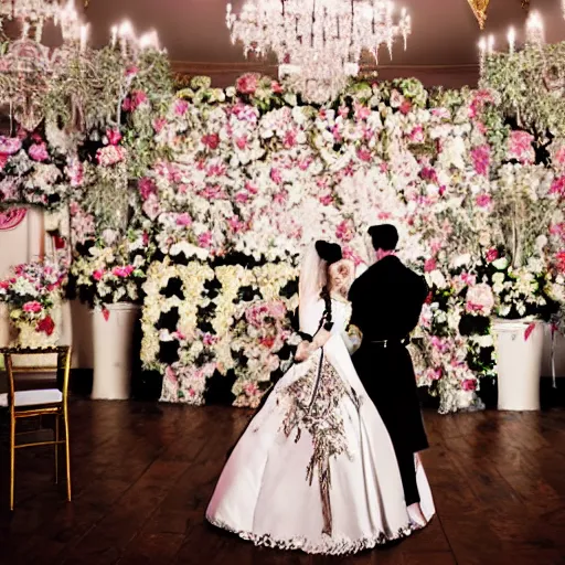 Prompt: A wide full shot, colored black and white Russian and Japanese mix historical fantasy a photograph taken of inside the royal wedding floral covered venue inspired by fairytales, photographic portrait, warm lighting, 1907 photo from the official wedding photographer for the royal wedding.