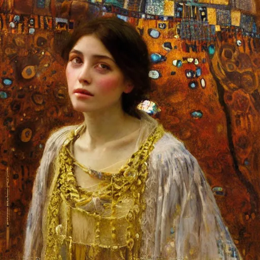 Image similar to Richard Schmid and Jeremy Lipking and Gustav Klimt portrait painting of a young beautiful woman priestess victorian orientalist in elaborate costume