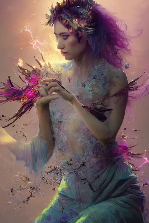 Prompt: beautiful girl witch - doctor exploding into flowers electricity crystal dress, angels, 3 d render, hyper - realistic detailed portrait, holding electricity and birds, ruan jia, wlop. scifi, fantasy, magic the gathering, hyper detailed, octane render, concept art by artgerm, peter mohrbacher