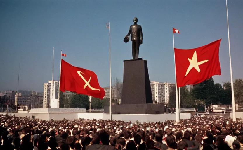 Prompt: 60s movie still of the great soviet's congress with CCCP flags and a statue of Lenin, by Irving Penn , cinestill 800t 10mm eastmancolor, heavy grainy picture, very detailed, high quality, 4k, HD criterion, precise texture