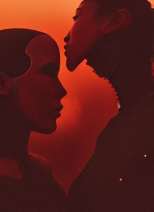 Prompt: cinestill 5 0 d photographic portrait of two loving female androids wearing rugged black mesh cutout waist techwear on a desolate plain with a red sky, extreme closeup, modern cyberpunk, dust storm, 8 k, hd, high resolution, 3 5 mm, f / 3 2, ultra realistic faces, ex machina, blade runner