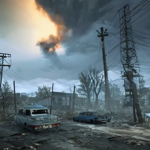 Image similar to tornado in tornado alley, town in ruins post - nuclear war in fallout 4, in game screenshot